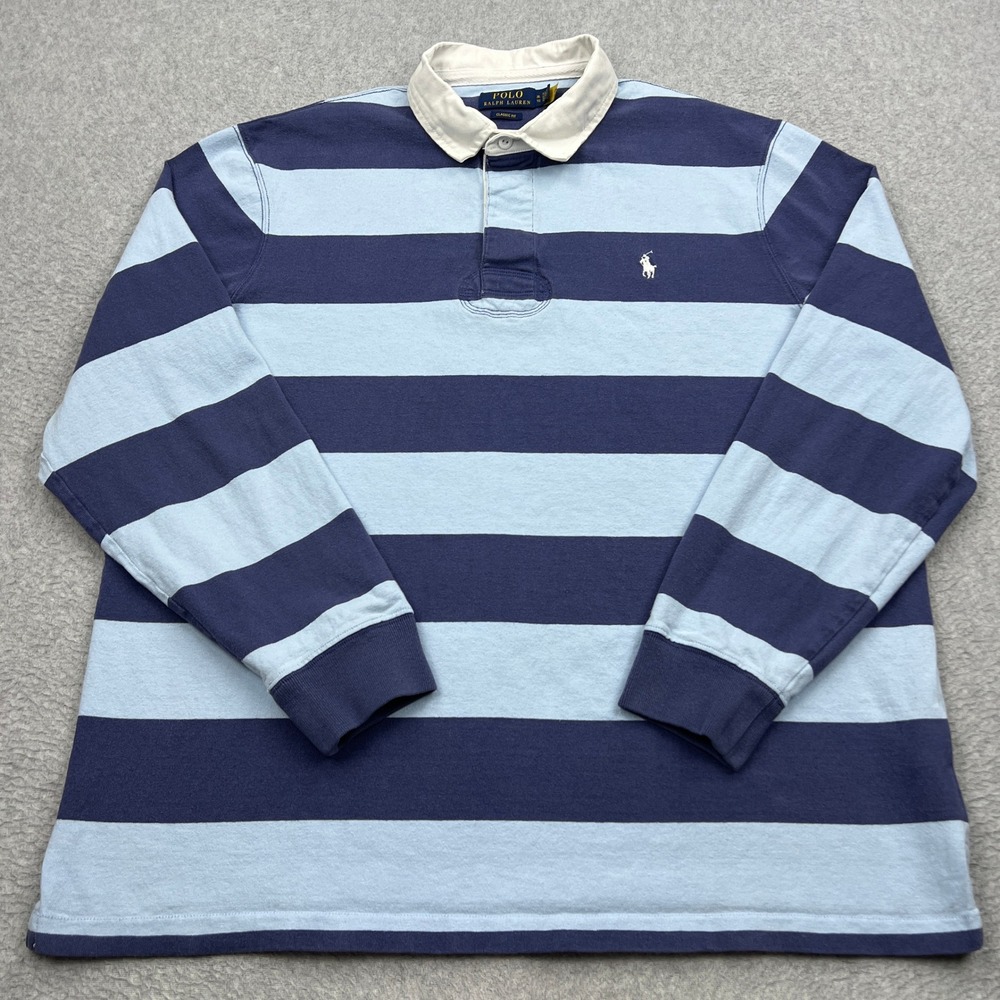 Polo Ralph Lauren Rugby Shirt Mens XL Blue Striped Classic Fit Long Sleeve Pony